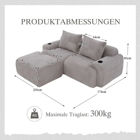 Canapé modulaire velours côtelé 2 personnes avec tabourets combinable librement porte-gobelet sac rangement latéral salon familial-Mi. (1/5)