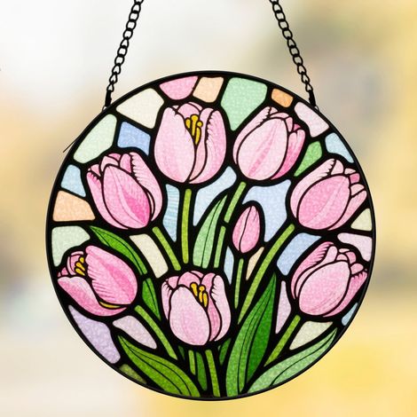 15cm Vitrail Fleurs Oiseaux Chats Attrape-Soleil Fenêtre Cadeaux Suspendus pour Femmes Hommes Décoration Murale, Décoration pour la Maison Jardin (1/5)