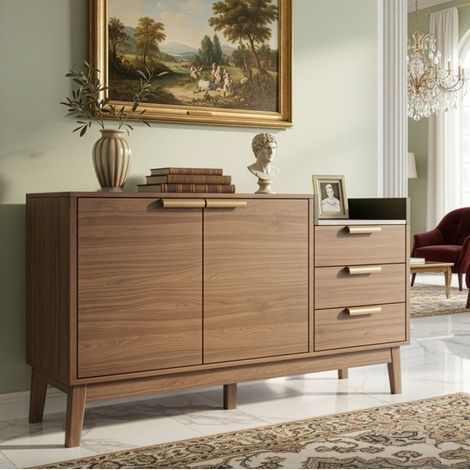 CHICFURN Cassettiera da soggiorno 120 x 40 x 77 cm in MDF rovere, piano effetto marmo, 3 cassetti (1/5)