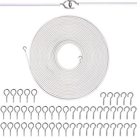 Corde à ressort gainée de PVC, 15 mètres, œillets, 25 crochets en forme de point d'interrogation, kit de 25 pièces pour rideaux d'intérieur