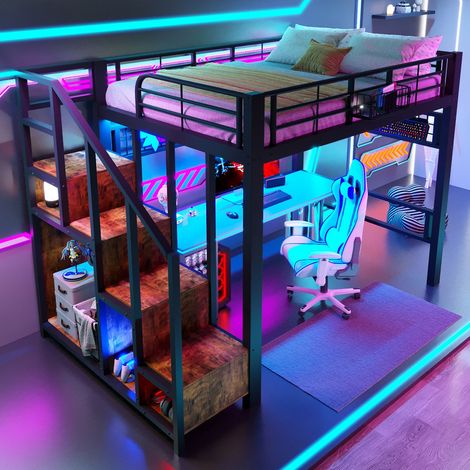 Lit mezzanine, lit double 140×200cm, lit enfant, métal, grille pour objets suspendus, avec LED, escalier avec espace de rangement, sans matelas, noir (1/5)