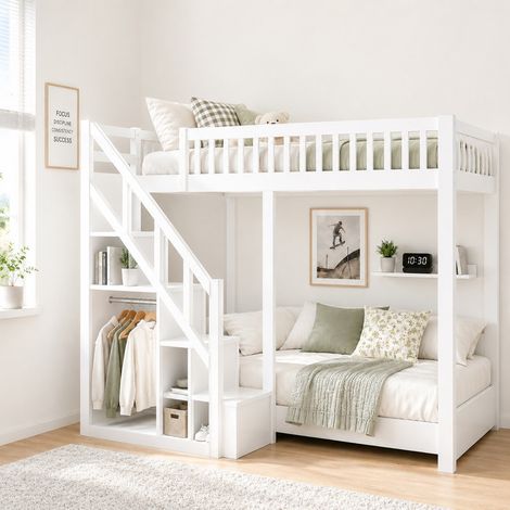 Lit mezzanine enfant 140x200 avec barrières sécurité, rangements intégrés, échelle, sommier lattes inclus, bois massif blanc, design scandinave gain de place