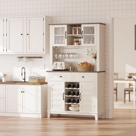 Buffet Haut de Cuisine avec Bar à Café et à Vin, 4 Portes Vitrées, 2 Tiroirs et Étagères Réglables, Meuble de Rangement Moderne Blanc et Bois (1/5)
