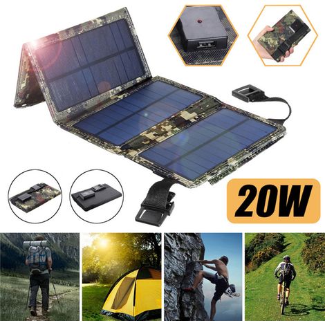 Caricabatterie solare pieghevole da 20 W - Porta USB, per escursionismo, campeggio, ricarica del telefono