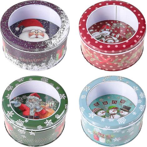 Lot de 4 boîtes de Noël en métal vides avec fenêtre, rondes, pour bonbons ou cadeaux de Noël, 7 x 14 cm (1/5)