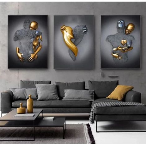 Love Heart Effet 3D Wall Art, 3PCS Abstrait Fil d'acier Métal Figure Sculpture Couple Impression Toile Peinture 50x70cmPas de cadre