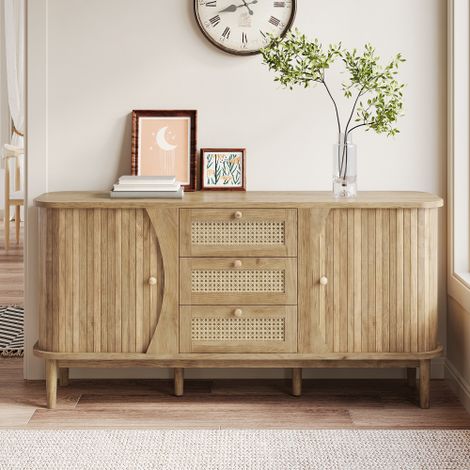 Credenza, cassettiera in rattan, cassettiera con ante scorrevoli, ripiani regolabili e piano arrotondato. (1/5)