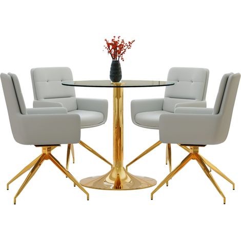Ensemble table et chaises de salle à manger rond, plateau en verre trempé 85 cm, 4 chaises pivotantes en cuir régénéré, finition dorée et grise CHICFURN (1/5)