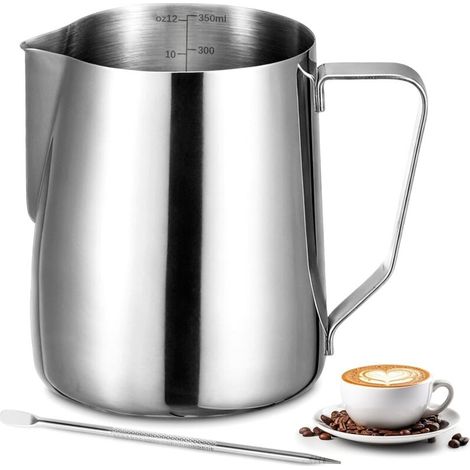 Milk Jug - 350ml Stainless Steel Milk Pitcher for Latte, Cappuccino, and Coffee, with Decorative Pen for Milk Foaming Coffee