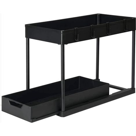 Organisateur de placard de cuisine – Tiroir coulissant – 2 plateaux suspendus – Crochets – Noir (1/5)