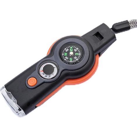 Sifflet de Survie Multifonction Portable de Camping de Survie de Sauvetage en Plein air 7 en 1 avec Lampe LED, Boussole, loupe, réflecteur, thermomètre, Compartiment étanche (1/5)