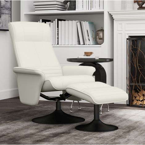 Fauteuil relax pivotant en polyester blanc crème avec repose-pieds, 69 x 71 x 104 cm, inclinable 135° (1/5)