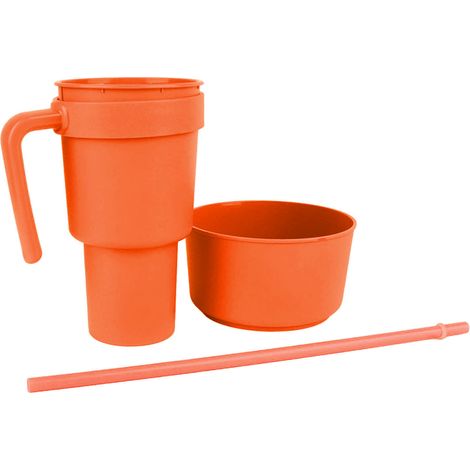 Gobelet 2 en 1 avec paille, grande ouverture, en plastique, pour boissons et collations, idéal au cinéma, à la maison ou en voyage (orange). (1/5)