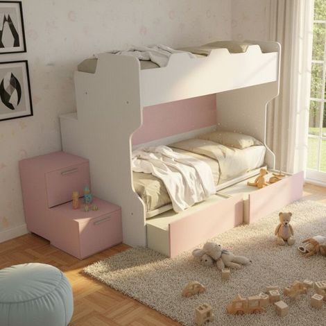 Letto a castello salvaspazio con scala a cassettoni e camminatoio - bianco e cipria