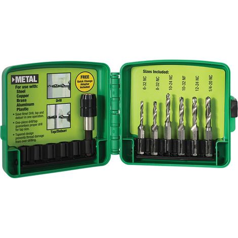 Kit de perceuse/taraud pour métal, perçage en une étape, taraudage, ébavurage/fraisage avec adaptateur à changement rapide, 6-32 à 1/4-20 (1/5)