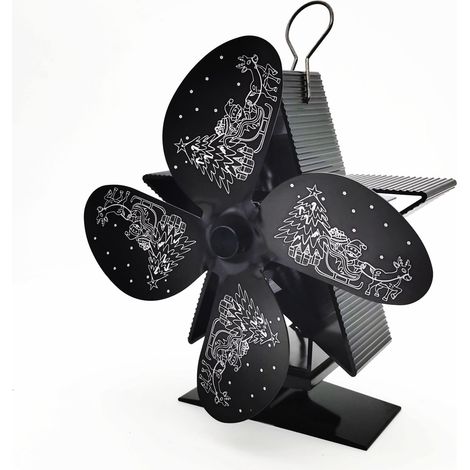 Ventilateur de poêle à bois, ventilateur alimenté par la chaleur à 4 pales, ventilateur de cheminée motif Père Noël pour la distribution (noir) (1/5)