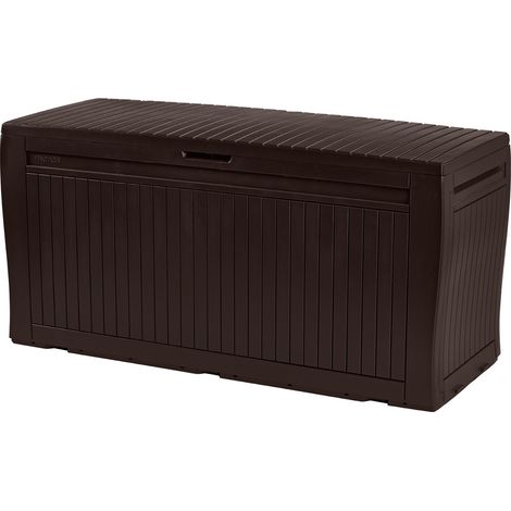 Keter – Coffre de jardin en résine effet bois – Large lattes – Dimensions 117 x 45 x 57 cm – Rangement outils et coussins terrasse (1/6)