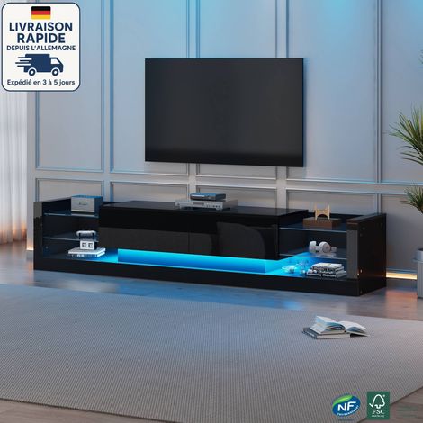 Meuble TV 181x38x38 cm jusqu'à 80 pouces avec façade en verre et 2 tiroirs, LED, MDF, noir (1/5)