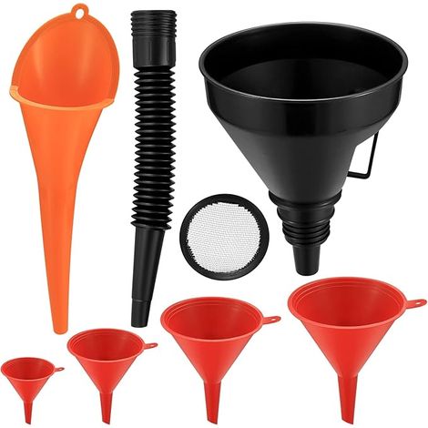 6 Stück Einfülltrichter Set, rechtwinkliges flexibles Kunststoff Trichter Set, Universal Auto Benzin Kraftstoff Trichter mit abnehmbarem Auslauf und langen Trichtern – Rot/Orange/Schwarz (1/5)