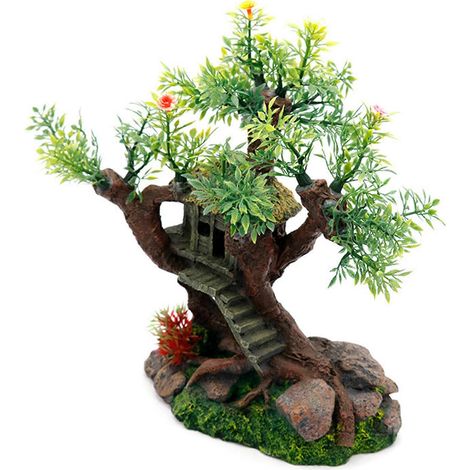 Décoration d'aquarium : maison sur arbre avec escaliers et gazon pour eau douce et eau de mer (1/4)