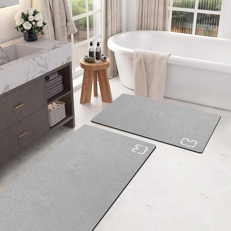 Ensemble de 2 tapis de bain - Tapis de bain absorbants à séchage rapide en terre de diatomées, antidérapants, avec envers en caoutchouc, fins et adaptés pour passer sous les portes, 40 x 60 cm + 40 x (1/5)