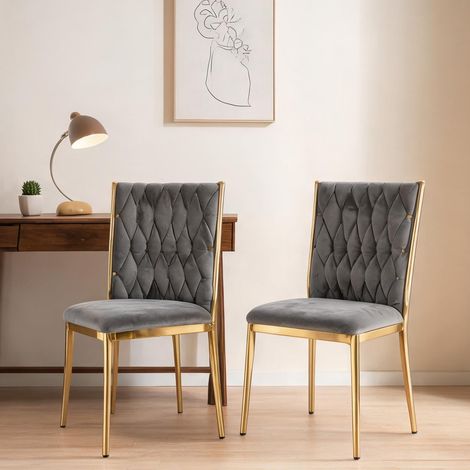 Lot de 2 chaises de salon en velours gris et métal doré (1/5)