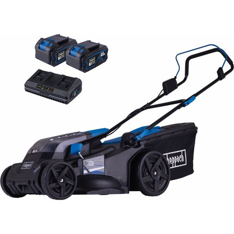 Scheppach Tondeuse à gazon sans fil BC-MP430-X – Largeur de coupe 43 cm – Hauteur de coupe 25-75 mm – Bac de 50 l – Jardins 600-700 m² – IXES 20V – Brushless – Avec 2 batteries et un chargeur double