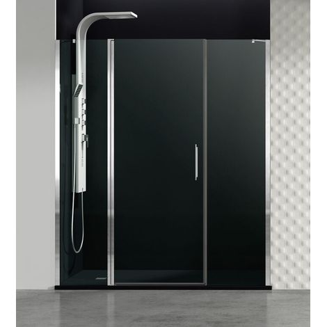 OPEN parete doccia frontale con porta a battente tra due pannelli fissi, larghezza totale 150 cm, profili neri, vetro trasparente, braccio di sostegno regolabile, pannello fisso + porta + pannello fis (1/5)