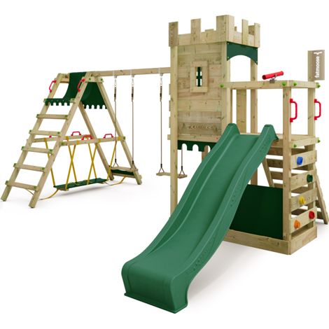 Fatmoose BoldBaron Boost castle style climbing tower with surf extension in green