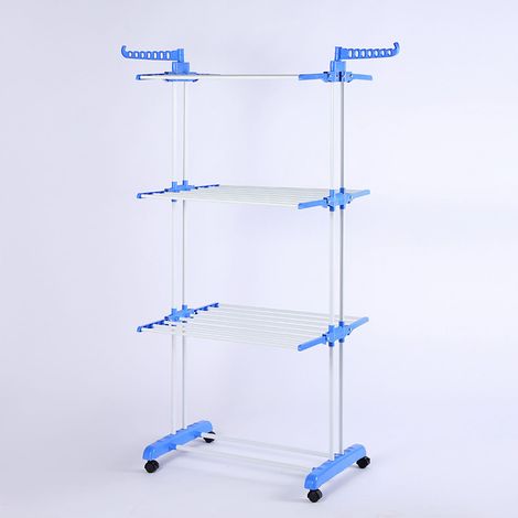 Portant à vêtements à trois niveaux, pliable, mobile, grande capacité de charge, bleu. (1/5)