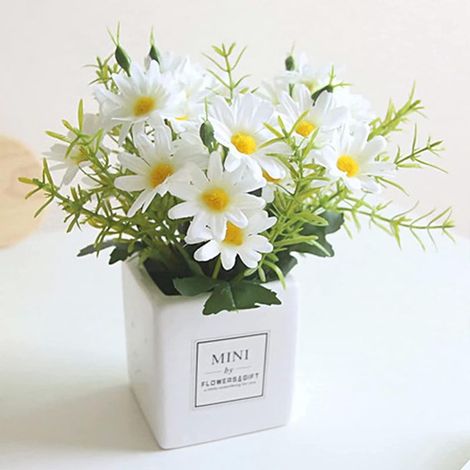 Fleurs artificielles, marguerite avec vase - Bouquet de marguerites artificielles soyeuses - Pour la maison, le bureau, un mariage (1/5)