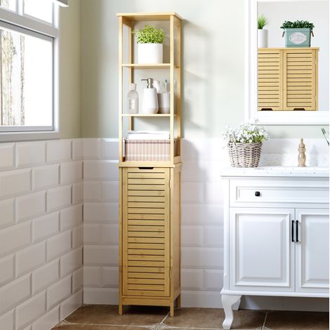 Armario de baño 34x30x173 cm color madera natural de bambú con 3 estantes abiertos y 1 compartimento cerrado (1/5)