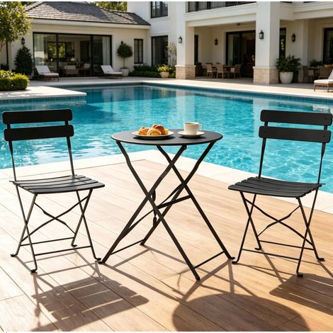 Set de bistrot extérieur pliable en métal noir, 1 table ronde Ø58 cm et 2 chaises OKWISH (1/5)