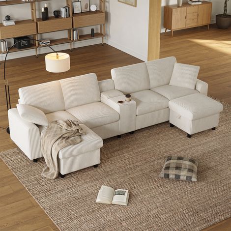 Canapé en U 4 places avec rangements poufs ports USB Type C et prises en velours côtelé beige 315x135x81 cm (1/5)