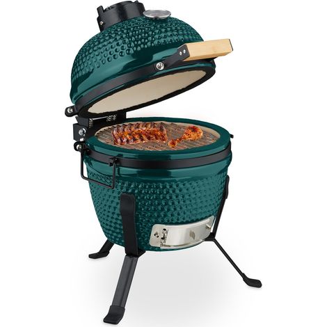 Relaxdays Kamado Grill, Ø 32 cm, Keramikgrill mit Thermometer bis 450°C, BBQ, Grillen, Kochen & Backen, Smoker, grün