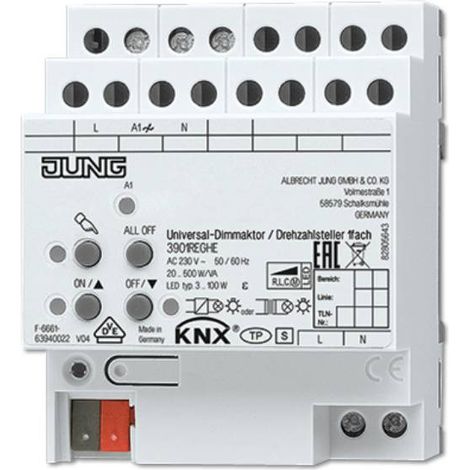 Jung KNX Actionneur de variation universel LED / contrôleur de vitesse de rotation, 1gang, REG, 4 TE 3901 REGHE