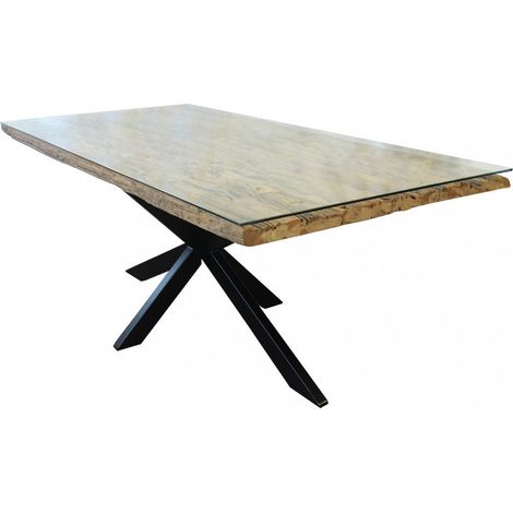 Tavolo da pranzo 200x100 cm design moderno gambe intrecciate con piano in legno e vetro Albin