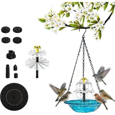 Bain d'oiseaux suspendu avec fontaine solaire, abreuvoir bleu pour oiseaux, décoration de jardin à énergie solaire, pour balcon et jardin (1/5)