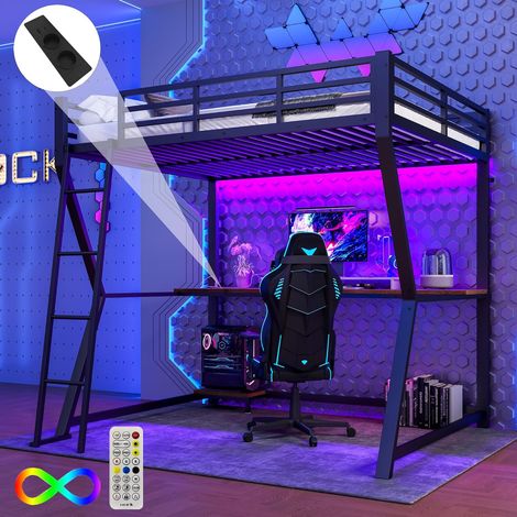 Lit mezzanine 140 x 200 cm avec éclairage LED, pour adultes et adolescents, avec Bureau, Étagre PC, Prises USB/Électriques Noir (1/5)