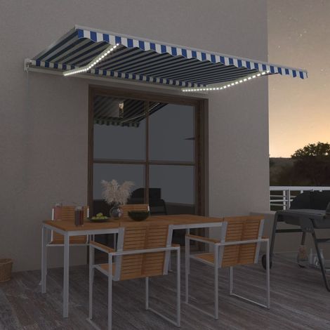 Auvent automatique capteur de vent/LED - Auvent de jardin Soleil imperméable 400x350 cm Bleu et blanc BV899724 - BonneVie (1/5)