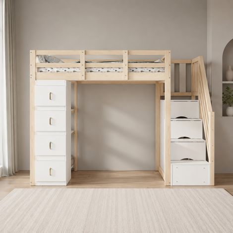 Letto a soppalco 90 x 200 cm con 4 cassetti, scaffali e scala di sicurezza HAVRYA (1/5)