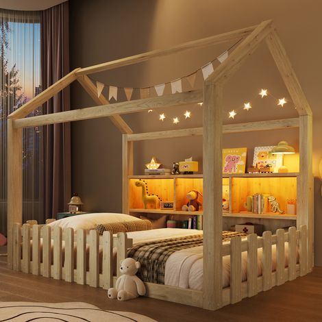 Lit Cabane Enfant 90x190cm - Éclairage LED, Barreaux de Sécurité, Rangements Ouverts Tête de Lit - Style Minimaliste - Pin - Naturel