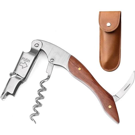 Korkenzieher aus Edelstahl, 3-in-1-Weinöffner, Multifunktions-Folienschneider, Flaschenöffner mit Lederetui für Bar, Bier, Restaurant, Kellner (1/5)