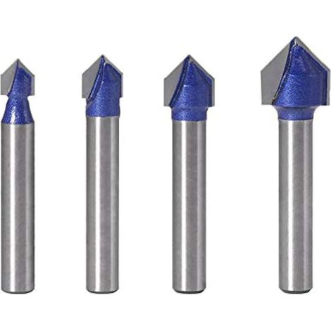 Set de 4 fraises à défoncer 90° V-Groove, queue 1/4", pour gravure CNC et défonçage du bois - Tailles : 1/4", 5/16", 3/8", 1/2". (1/5)