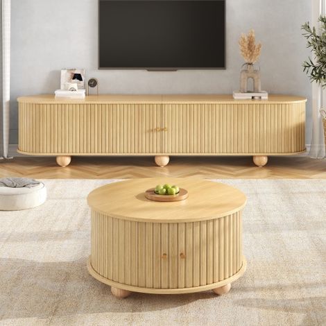 Ensemble table basse et meuble TV,table basse ronde et meuble TV aux lignes courbes,texture en relief vertical enveloppante,portes coulissantes,poignées en métal,pieds sphériques en métal,Naturelle (1/5)