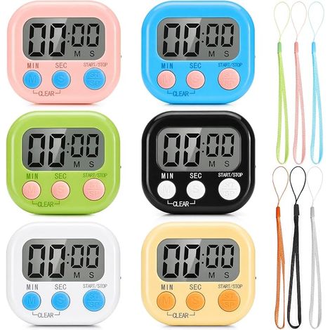 Lot de 6 minuteurs de cuisine numériques avec sangles de suspension dos magnétique et compte à rebours électronique pour cuisine apprentissage pâtisserie et bureau blanc bleu vert rose (1/5)