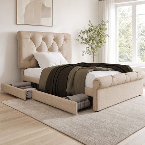 Bett 90x200 cm mit 2 Schubladen und verstellbarem Kopfteil, natur HAVRYA (1/5)