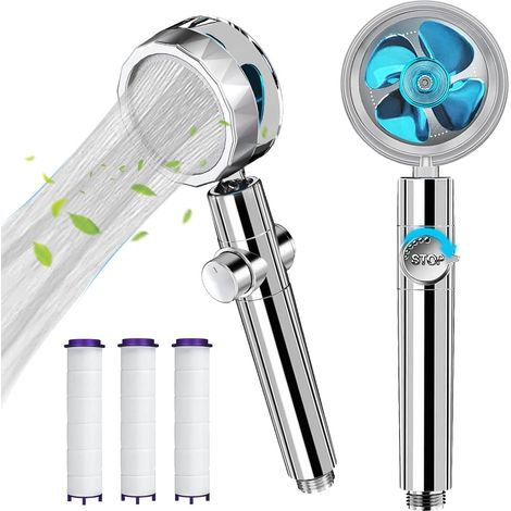 Cabezal de ducha de alta presión con ventilador turbo giratorio de 360 grados, cabezal de ducha de chorro de agua con 3 filtros turboalimentados (azul). (1/5)