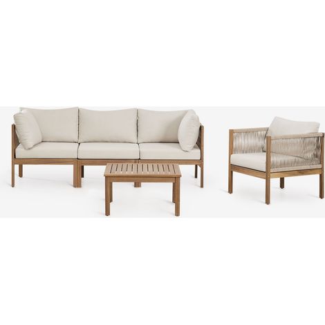 SKLUM Wohnzimmer-Set mit 3-teiliger modularer Sofagarnitur mit Armlehne, Sessel und Couchtisch aus Akazienholz Branson Weiß Gardenia – Braun Acacia (1/5)