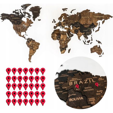 Carte du monde en bois 3D, détaillée, à fixer au mur, 105 x 60 cm, étiquettes autocollantes (1/5)